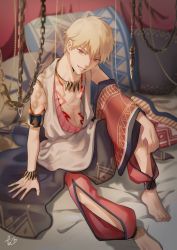Rule 34 | 10s, 1boy, arabian clothes, arm support, barefoot, bed, bed sheet, blonde hair, earrings, fate/grand order, fate (series), feet, gilgamesh (fate), gilgamesh (caster) (fate), jewelry, looking at viewer, male focus, navel, necklace, parted lips, pectorals, pillow, red eyes, short hair, signature, sitting, smile, solo, takashi (huzakenna), tattoo, toes