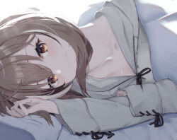 1girl backlighting bed blush breasts brown_eyes brown_hair brown_hoodie cleavage harurunoe hololive hololive_english hood hoodie looking_at_viewer multicolored_hair naked_hoodie nanashi_mumei nanashi_mumei_(casual) pillow sleeves_past_wrists smile streaked_hair under_covers virtual_youtuber