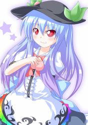 Rule 34 | 1girl, :t, arm behind back, blue hair, center frills, eating, female focus, food, frills, fruit, hat, hinanawi tenshi, kagerou (kers), kers, long hair, peach, red eyes, solo, star (symbol), touhou