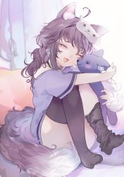 Rule 34 | 1girl, ;d, absurdres, ahoge, animal ear fluff, animal ears, bed, black thighhighs, brown hair, brown tail, choker, commentary request, commission, commissioner upload, flat chest, hair ornament, happy, heterochromia, highres, hug, indie virtual youtuber, mask, mask on head, medium hair, nennekorori4, hugging object, on bed, one eye closed, open mouth, pajamas, petite, pillow, robe, shirt, sitting, skeb commission, sleep mask, sleepwear, sleepy, smile, solo, stuffed toy, tail, thighhighs, tlombard2000, twintails, virtual youtuber, waking up, wolf ears, wolf girl, wolf tail, x hair ornament, zettai ryouiki