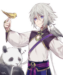 Rule 34 | 1boy, bird, blue eyes, blue pants, bridal gauntlets, closed eyes, closed mouth, csyday, fate/grand order, fate (series), grey hair, hair between eyes, hand up, long sleeves, panda, pants, prince of lan ling (fate), puffy long sleeves, puffy sleeves, sash, shirt, short hair, simple background, sleeping, white background, white shirt, zzz