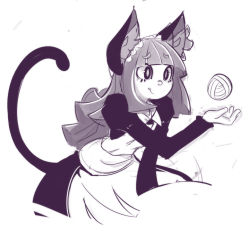 Rule 34 | 1girl, animal ears, apron, cat ears, cat tail, cropped legs, flat chest, licking lips, maid, maid apron, maid headdress, monochrome, original, puffy sleeves, sho-n-d, solo, tail, tongue, tongue out, yarn ball