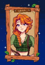 Rule 34 | 1girl, arms behind back, breasts, character name, cleavage, collarbone, commentary, crop top, cropped shirt, english commentary, highres, large breasts, leaf, leah (stardew valley), midriff, mimpish, navel, orange hair, pixel art, plaid, plaid shirt, purple eyes, shirt, smile, solo, star (sky), stardew valley, suspenders, suspenders slip, upper body