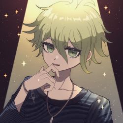 Rule 34 | 1boy, :d, amami rantaro, artist name, bracelet, brown background, collarbone, danganronpa (series), danganronpa v3: killing harmony, gradient background, green eyes, green hair, hair between eyes, hand up, jewelry, messy hair, mikao (eanv5385), necklace, open mouth, shirt, short hair, smile, solo, striped clothes, striped shirt