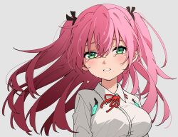 Rule 34 | 1girl, aikawa megumi, bow, breasts, green eyes, heaven burns red, kaki traveler, large breasts, pink hair, red bow, shirt, solo, tears, teeth, two side up, white background, white shirt