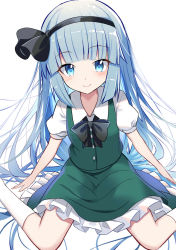 Rule 34 | 1girl, alternate hair length, alternate hairstyle, black hairband, black ribbon, blue eyes, blue hair, blunt bangs, closed mouth, commentary request, e.o., green skirt, hair ribbon, hairband, highres, konpaku youmu, long hair, looking at viewer, making-of available, puffy short sleeves, puffy sleeves, ribbon, short sleeves, simple background, sitting, skirt, smile, solo, touhou, very long hair, white background