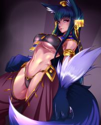 Rule 34 | 1girl, :p, animal ears, animal hands, anubis (monster girl encyclopedia), blue hair, breasts, claws, commentary request, covered erect nipples, crotch cutout, crotchless, crotchless pants, dark-skinned female, dark skin, dog ears, dog tail, egyptian, egyptian clothes, fang, fang out, jewelry, large breasts, long hair, looking at viewer, monster girl, monster girl encyclopedia, navel, pants, propellercube, red eyes, revealing clothes, shiny skin, solo, stomach, sweat, tail, tongue, tongue out, underboob