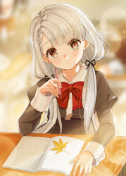 Rule 34 | 1girl, autumn leaves, black jacket, black ribbon, blurry, blurry background, blush, bow, bowtie, braid, braided bangs, brown eyes, classroom, collarbone, commentary request, desk, dot nose, grey hair, hair ribbon, hand up, highres, hisakawa nagi, holding, holding pencil, idolmaster, idolmaster cinderella girls, idolmaster cinderella girls starlight stage, jacket, leaf, lens flare, long hair, long sleeves, looking at viewer, low twintails, maple leaf, mechanical pencil, notebook, parted lips, partial commentary, pencil, puffy long sleeves, puffy sleeves, red bow, red bowtie, ribbon, rino cnc, school, school desk, school uniform, shadow, sitting, solo, twintails, very long hair