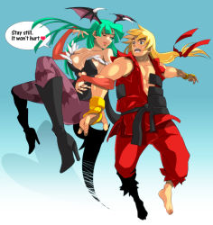 Rule 34 | 1boy, 1girl, abs, adjusting hair, animal print, aqua eyes, aqua hair, barefoot, bat print, bat wings, belt, blonde hair, blush, boots, breasts, bridal gauntlets, brown eyes, capcom, cleavage, company connection, crossover, demon girl, feathers, feet, fingerless gloves, flying, garamgum, gloves, hair ribbon, head wings, heart, high heels, japanese clothes, ken masters, knee boots, large breasts, leotard, lips, lipstick, locked arms, long hair, low-tied long hair, makeup, morrigan aensland, muscular, off shoulder, one eye closed, open clothes, open mouth, open shirt, pantyhose, ponytail, print legwear, ribbon, shirt, shoes, simple background, street fighter, surprised, vampire (game), very long hair, wings, wink