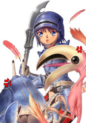 Rule 34 | 1girl, :3, :d, anger vein, animal nose, armor, adventurer (ff11), bird, black gloves, blue armor, blue eyes, blue hair, blue headwear, blue pupils, breastplate, carapace, cat girl, cat tail, colibri (final fantasy), crab, dark blue hair, faulds, feathers, final fantasy, final fantasy xi, gauntlets, gloves, helmet, holding, holding polearm, holding weapon, mithra (ff11), open mouth, pink feathers, polearm, red thighhighs, short hair, simple background, smile, solo, tail, tail raised, taisai soft, thighhighs, weapon, white background