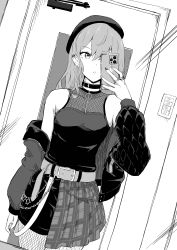 Rule 34 | 1girl, absurdres, amagu vocadoro, belt, cellphone, collar, earrings, fishnets, greyscale, hair behind ear, highres, holding, holding phone, hololive, hoshimachi suisei, iphone x, jacket, jewelry, mirror, monochrome, off shoulder, parted lips, phone, plaid, plaid skirt, selfie, skirt, smartphone, solo, star (symbol), star earrings, virtual youtuber