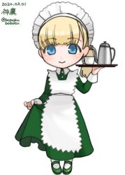 Rule 34 | 1girl, alternate costume, blonde hair, blue eyes, blunt bangs, bobokuboboku, character name, chibi, clothes lift, coffee pot, commentary request, cup, dated, dress, dress lift, enmaided, full body, green dress, green footwear, kantai collection, lifted by self, long hair, maid, mary janes, one-hour drawing challenge, one side up, shin&#039;you (kancolle), shoes, simple background, smile, solo, standing, tray, twitter username, white background