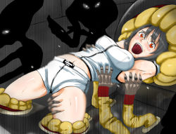 Rule 34 | 1girl, alien, armpits, bdsm, bikusen, black hair, blush, bondage, bound, breasts, covered erect nipples, immobilization, machine, midriff, navel, nyafu, open mouth, original, red eyes, restrained, screaming, solo, stationary restraints, sweat, thighs, tickle torture, tickling