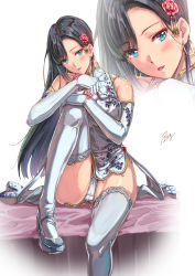 Rule 34 | 1girl, black hair, blue eyes, blush, breasts, china dress, chinese clothes, dress, elbow gloves, gloves, hair ornament, highres, kazeno, large breasts, looking at viewer, original, panties, pantyshot, sitting, solo, thighhighs, underwear, white background, white panties, white thighhighs, zoom layer