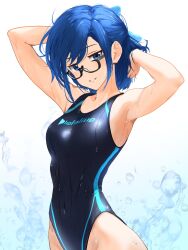 Rule 34 | 1girl, a-chan (hololive), absurdres, alternate breast size, arm behind head, armpits, black-framed eyewear, blue bow, blue eyes, blue hair, blue one-piece swimsuit, bow, breasts, cohi27151463, commentary request, competition swimsuit, copyright name, glasses, hair bow, hand in own hair, highleg, highleg swimsuit, highres, hololive, logo, looking at viewer, medium breasts, one-piece swimsuit, parted lips, semi-rimless eyewear, short hair, smile, solo, swept bangs, swimsuit, under-rim eyewear, virtual youtuber, water drop, wet, wet clothes, wet swimsuit