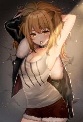 Rule 34 | 1girl, animal ears, arknights, armpits, arms up, blush, breasts, brown eyes, candy, choker, cleavage, crack, cracked wall, food, highres, jacket, unworn jacket, katsushika pachi, light brown hair, lion ears, lion tail, lollipop, long hair, medium breasts, mouth hold, shirt, shorts, siege (arknights), sleeveless, sleeveless shirt, solo, tail, wall