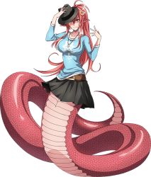 Rule 34 | 1girl, artist request, belt, black hat, black skirt, blue shirt, breasts, fedora, full body, hat, lamia, large breasts, long hair, miia (monster musume), monster girl, monster musume no iru nichijou, monster musume no iru nichijou online, official alternate costume, official art, pointy ears, red hair, scales, shirt, skirt, slit pupils, solo, transparent background, yellow eyes