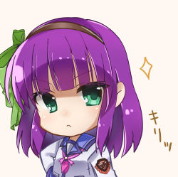 Rule 34 | 1girl, :&lt;, absurdres, angel beats!, bow, closed eyes, closed mouth, commentary request, from side, green eyes, hair bow, hair ornament, hair ribbon, hairband, hand on own hip, highres, key (company), long hair, long sleeves, looking at viewer, looking to the side, purple hair, ribbon, school uniform, serafuku, shinda sekai sensen uniform, shirt, simple background, solo, translation request, upper body, white shirt, nakamura yuri, zuzuhashi