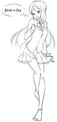 Rule 34 | 1girl, azukilib, between legs, blush, bow, bowtie, character request, clenched teeth, english text, female focus, full body, greyscale, hand between legs, hand up, have to pee, jacket, jpeg artifacts, leg up, light blush, long hair, long sleeves, miniskirt, monochrome, pleated skirt, school uniform, shirt, shoes, simple background, sketch, skirt, solo, standing, standing on one leg, teeth, text focus, thought bubble, white background