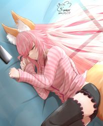 Rule 34 | 1girl, animal ear fluff, animal ears, black shorts, black thighhighs, breasts, cellphone, clenched hand, closed eyes, commentary request, dated, fate/extra, fate/extra ccc, fate/grand order, fate (series), fox ears, fox girl, fox tail, frilled shorts, frilled thighhighs, frills, highres, hood, hoodie, light blush, light rays, lips, long hair, long sleeves, lying, official alternate costume, on bed, on side, phone, pink hair, pink hoodie, shadow, short shorts, shorts, sidelocks, signature, sleeping, smartphone, solo, spring casual, striped clothes, striped hoodie, tail, tamamo (fate), tamamo no mae (fate/extra), tamamo no mae (spring casual) (fate), thighhighs, very long hair, winsankemonodou, zipper