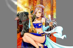 Rule 34 | 1girl, alcoholrang, armlet, bad id, bad pixiv id, breasts, bull, cleavage, commentary, commission, detached sleeves, earrings, english commentary, engrish commentary, eyebrows, grey hair, hair ornament, instrument, jewelry, large breasts, legs, long hair, looking at viewer, midriff, nail polish, necklace, open mouth, original, princess, sengoku hime, side slit, sitting, smile, solo, sparkle, underboob, yellow eyes