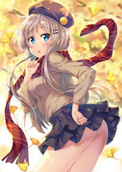 Rule 34 | 1girl, :o, ass, autumn leaves, bad id, bad pixiv id, beret, black hat, black skirt, blue eyes, blush, breasts, brown shirt, clenched hands, commentary request, grey hair, hair ornament, hand on own hip, hat, leaf, long hair, long sleeves, looking back, maple leaf, medium breasts, miniskirt, original, outdoors, red scarf, scarf, shirt, skirt, solo, striped clothes, striped scarf, thighs, tomo wakui