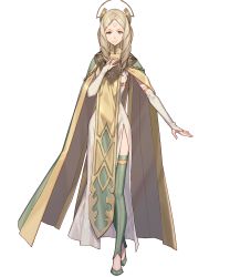 Rule 34 | 1girl, blonde hair, boots, cape, dress, emmeryn (fire emblem), female focus, fire emblem, fire emblem awakening, fire emblem heroes, full body, green footwear, highres, holding, long dress, long hair, nintendo, official art, parted bangs, solo, staff, standing, thigh boots, thighhighs, transparent background