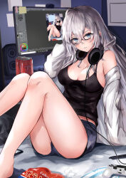 Rule 34 | 1girl, absurdres, ahoge, bare legs, barefoot, black-framed eyewear, black shirt, blue eyes, blush, breasts, can, cardigan, cellphone, chips (food), cleavage, clip studio paint (medium), controller, crossed bangs, door, drink can, earphones removed, energy drink, food, game controller, grey cardigan, grey hair, hair between eyes, hand on own head, highres, icon (computing), indoors, knees up, large breasts, long hair, looking at viewer, monitor, monster energy, on bed, open cardigan, open clothes, open mouth, original, panties, phone, potato chips, recursion, shirt, short shorts, shorts, sidelocks, single off shoulder, sitting, soda can, spaghetti strap, speaker, sticky note, underwear, unworn panties, yutoriko (candy0905)