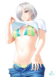 Rule 34 | 1girl, artist logo, bikini, bikini under clothes, breasts, closed mouth, clothes lift, clothes pull, denim, denim shorts, eyes visible through hair, grey eyes, grey hair, hair over one eye, highres, infinote, lips, looking at viewer, medium breasts, navel, open fly, original, sashou mihiro, shirt, shirt lift, short hair, short sleeves, shorts, shorts pull, signature, simple background, skindentation, smile, solo, striped bikini, striped clothes, swimsuit, white background, white shirt
