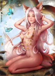Rule 34 | 1girl, absurdres, animal ears, blue eyes, borrowed character, bracelet, breasts, bug, butterfly, fox ears, fox tail, from side, heterochromia, highres, idiabolis, insect, jewelry, kneeling, lips, long hair, looking at viewer, losse (personal ami), medium breasts, navel, necklace, nipple chain, nipples, nude, original, parted lips, solo, tail, thick eyebrows, white hair, yellow eyes