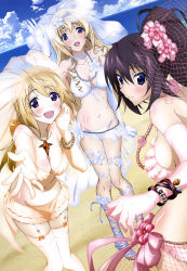 Rule 34 | 10s, 3girls, :d, absurdres, ankle lace-up, arm up, bare shoulders, barefoot, barefoot sandals (jewelry), beach, beads, bikini, black hair, blonde hair, blue eyes, blue sky, blush, bow, bracelet, breasts, bridal veil, cecilia alcott, charlotte dunois, cleavage, cloud, collarbone, cross-laced footwear, day, drill hair, elbow gloves, eyebrows, feet, flower, front-tie top, garter straps, gloves, hair between eyes, hair flower, hair ornament, hand on own cheek, hand on own face, highres, horizon, infinite stratos, jewelry, knees together feet apart, large breasts, long hair, looking at viewer, multiple girls, navel, necklace, ocean, official art, open mouth, orange legwear, outdoors, outstretched hand, pearl necklace, pendant, ponytail, purple eyes, shinonono houki, sideboob, sky, smile, strap gap, swimsuit, thighhighs, toes, veil, white bikini