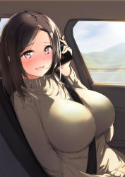 Rule 34 | 1girl, :d, between breasts, black hair, blush, breasts, brown eyes, car interior, cellphone, cloud, cloudy sky, commentary request, day, dermar, guard rail, highres, holding, holding phone, large breasts, long hair, long sleeves, mountain, open mouth, original, phone, road, school uniform, sitting, sky, smartphone, smile, solo, strap between breasts, sweater, taut sweater, turtleneck, turtleneck sweater, window