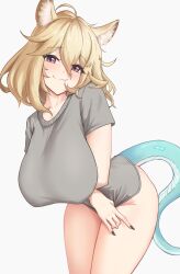 Rule 34 | 1girl, animal ear fluff, animal ears, arknights, black nails, blonde hair, bottomless, breasts, commentary, cowboy shot, fang, fang out, grey background, grey shirt, groin, hair between eyes, head tilt, highres, huge breasts, leaning forward, looking at viewer, nail polish, purple eyes, radioneet, shirt, short hair, short sleeves, skin fang, smile, snake tail, solo, standing, tail, thighs, utage (arknights)