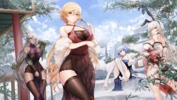 4girls absurdres alternate_costume animal_ears bare_shoulders black_thighhighs blonde_hair blue_dress blue_hair braid breasts cleavage closed_mouth colphne_(girls&#039;_frontline_2) commentary_request cowboy_shot dark-skinned_female dark_skin day dress fake_animal_ears full_body girls&#039;_frontline_2:_exilium grey_hair hair_between_eyes high_ponytail highres japanese_clothes krolik_(girls&#039;_frontline_2) large_breasts long_hair looking_at_viewer multiple_girls nemesis_(girls&#039;_frontline_2) open_mouth ots-14_(girls&#039;_frontline) outdoors parted_lips ponytail purple_dress rabbit_ears red_eyes short_hair smile thatob thighhighs twintails water