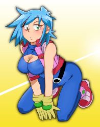 Rule 34 | 1girl, allenby beardsley, ass, belt, blue bodysuit, blue hair, bodysuit, breasts, cleavage, cleavage cutout, clothing cutout, cropped jacket, eyebrows hidden by hair, g gundam, gloves, green eyes, gundam, half-closed eyes, jewelry, kneeling, large breasts, looking at viewer, necklace, onnaski, open mouth, short hair, solo