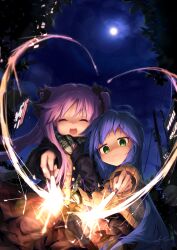 Rule 34 | 2girls, :3, :d, absurdres, ahoge, ap04astral, black bow, black coat, bow, brown coat, city, closed eyes, coat, fireworks, full moon, green eyes, hair bow, happy, highres, hiiragi kagami, holding, holding fireworks, izumi konata, long hair, lucky star, mole, mole under eye, moon, multicolored clothes, multicolored scarf, multiple girls, night, night sky, open mouth, plaid, plaid scarf, plaid skirt, power lines, purple hair, scarf, skirt, sky, smile, sparkler, star (sky), starry sky, twintails, utility pole, very long hair