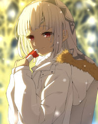 Rule 34 | 10s, 1girl, altera (fate), altera (sweet crystal) (fate), blurry, blush, closed mouth, coat, dark-skinned female, dark skin, depth of field, fate/extella, fate/extra, fate/grand order, fate (series), from side, fur coat, gift, hands up, highres, holding, holding gift, light smile, long hair, looking at viewer, red eyes, shiime, smile, snow, solo, upper body, white hair