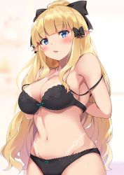 Rule 34 | 1girl, absurdres, bikini tan, black bow, black panties, blonde hair, blue eyes, blush, bow, breasts, bushinofuji, cleavage, elf, hair bow, hair ornament, highres, large breasts, long hair, looking at viewer, open mouth, panties, pointy ears, ponytail, princess connect!, removing bra, saren (princess connect!), solo, tan, tanline, underwear
