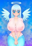 Rule 34 | 1girl, akiranime, angel and devil, angel wings, animated, blue eyes, blue hair, blush, bouncing breasts, breasts, cleavage, collarbone, covered erect nipples, cowboy shot, demon horns, demon wings, denim, dual persona, female focus, fire, flashing, halo, heart, heart-shaped pupils, horns, huge breasts, jeans, large areolae, long hair, looking at viewer, looping animation, music, navel, nipples, open clothes, open shirt, original, own hands together, pants, pink shirt, red eyes, shirt, skull, smile, solo, sound, symbol-shaped pupils, thigh gap, video, wide hips, wings