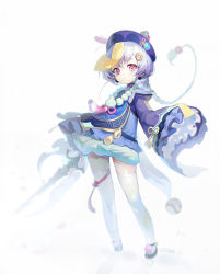 Rule 34 | 1girl, bead necklace, beads, blush, chinese clothes, coin, earrings, frills, genshin impact, hat, highres, holding, holding sword, holding weapon, jewelry, light purple hair, long hair, necklace, parted lips, petals, pink eyes, purple hat, qingdai guanmao, qiqi (genshin impact), reflection, signature, simple background, sleeves past fingers, sleeves past wrists, solo, soyoong jun, sword, talisman, thighhighs, weapon, white background, white thighhighs