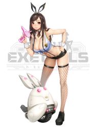 Rule 34 | 1girl, animal ears, bare shoulders, black footwear, black necktie, breasts, brown eyes, brown hair, cleavage, commentary, cropped vest, detached collar, fake animal ears, fishnet legwear, fishnets, full body, gun, hand on own hip, handgun, highres, holding, holding weapon, large breasts, leaning forward, lips, logo, looking at viewer, machine, masami chie, midriff, navel, necktie, official art, rabbit ears, rabbit tail, shoes, shorts, simple background, sleeveless, smile, solo, standing, suspenders, tail, tokyo exe girls, trigger discipline, vest, weapon, wheel, white background, wrist cuffs