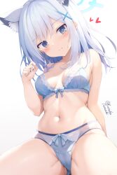 Rule 34 | 1girl, animal ear fluff, animal ears, blue archive, blue bra, blue eyes, blue panties, blush, bow, bow bra, bow panties, bra, breasts, closed mouth, collarbone, commentary request, gradient background, grey background, grey hair, hair ornament, halo, hand up, heart, highres, long hair, looking at viewer, looking down, medium breasts, navel, panties, shiroko (blue archive), sitting, smile, solo, tateishi kureha, twitter username, underwear, underwear only, white background