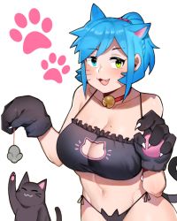Rule 34 | 1girl, animal ears, animal hands, bad id, bad twitter id, bikini, blue hair, breasts, cat, cat ears, cat lingerie, cat tail, center opening, cleavage, cleavage cutout, clothing cutout, frills, gloves, heterochromia, large breasts, meme attire, mole, mole on breast, original, paw gloves, saru (monkey magic3), swimsuit, tail