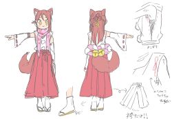 Rule 34 | 1girl, animal ear fluff, animal ears, blush, character sheet, closed mouth, commentary request, detached sleeves, fox ears, fox girl, fox tail, full body, hair between eyes, hakama, hakama skirt, half updo, highres, japanese clothes, kashikaze, kitsune, long hair, long sleeves, looking at viewer, love live!, love live! sunshine!!, multiple views, red hair, red skirt, sakurauchi riko, shirt, simple background, single sidelock, skirt, sleeveless, sleeveless shirt, socks, solo, tail, translation request, white background, white shirt, white socks, wide sleeves, yellow eyes