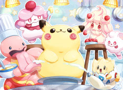Rule 34 | alcremie, alcremie (strawberry sweet), alcremie (vanilla cream), bowl, brown eyes, chef hat, commentary request, creature, creatures (company), food, fruit, game freak, gen 1 pokemon, gen 2 pokemon, gen 6 pokemon, gen 8 pokemon, hat, clothed pokemon, holding, holding bowl, holding food, holding fruit, holding spatula, indoors, lickitung, mobbbt, nintendo, no humans, pikachu, pokemon, pokemon (creature), slurpuff, spatula, strawberry, swirlix, togepi, whipped cream
