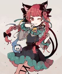 Rule 34 | 1girl, adapted costume, animal ears, bell, black bow, black dress, black nails, bow, braid, cat ears, cat tail, closed mouth, commentary request, cowboy shot, dangle earrings, dress, earrings, extra ears, hair bow, hand up, hitodama, jewelry, jingle bell, kaenbyou rin, leg ribbon, long hair, long sleeves, looking at viewer, mozukuzu (manukedori), multiple tails, nail polish, neck bell, one eye closed, red eyes, red hair, ribbon, ring, see-through, see-through sleeves, skull, solo, tail, touhou, twin braids, twintails, two tails