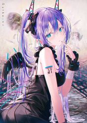 Rule 34 | 1girl, absurdres, aqua eyes, arm tattoo, bare shoulders, black dress, blush, bow, breasts, dress, fingernails, from side, hair ornament, highres, long hair, looking at viewer, medium breasts, mini wings, nail polish, original, parted lips, purple hair, rin yuu, scan, simple background, sleeveless, solo, tattoo, twintails, upper body, wings, wrist cuffs
