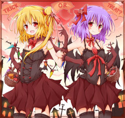 Rule 34 | 2girls, alternate costume, armpits, bare shoulders, basket, bat (animal), bat wings, black legwear, blonde hair, blush, bow, brooch, brown gloves, candy, capelet, character doll, clothing cutout, collarbone, corset, elbow gloves, fang, female focus, flandre scarlet, food, framed, gloves, hair bow, hair ribbon, halloween, halloween costume, highres, jewelry, karamoneeze, locked arms, long hair, multiple girls, navel, navel cutout, open mouth, purple hair, red eyes, remilia scarlet, ribbon, short hair, siblings, side ponytail, sisters, skirt, smile, thighhighs, touhou, trick or treat, wings, zettai ryouiki