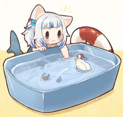 Rule 34 | 1girl, :3, animal ears, backwards hat, baseball cap, basin, bird, blue eyes, blue hair, blunt bangs, blush stickers, cat ears, chibi, commentary, dated commentary, duck, fins, fish, fish tail, gawr gura, gawr gura (casual), hat, highres, hololive, hololive english, innertube, multicolored hair, same anko, shark tail, shrimp, simple background, solo, subaru duck, swim ring, symbol-only commentary, tail, two-tone hair, v-shaped eyebrows, virtual youtuber, water, white hair