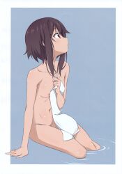 Rule 34 | 1girl, absurdres, arm support, bare arms, bare shoulders, black hair, blue background, blush, breasts, brown hair, collarbone, highres, holding, kono subarashii sekai ni shukufuku wo!, looking up, megumin, nipples, nude, partially submerged, red eyes, scan, shiny skin, short hair, sidelocks, simple background, small breasts, solo, thighs, towel, white towel, yamamoto shuuhei